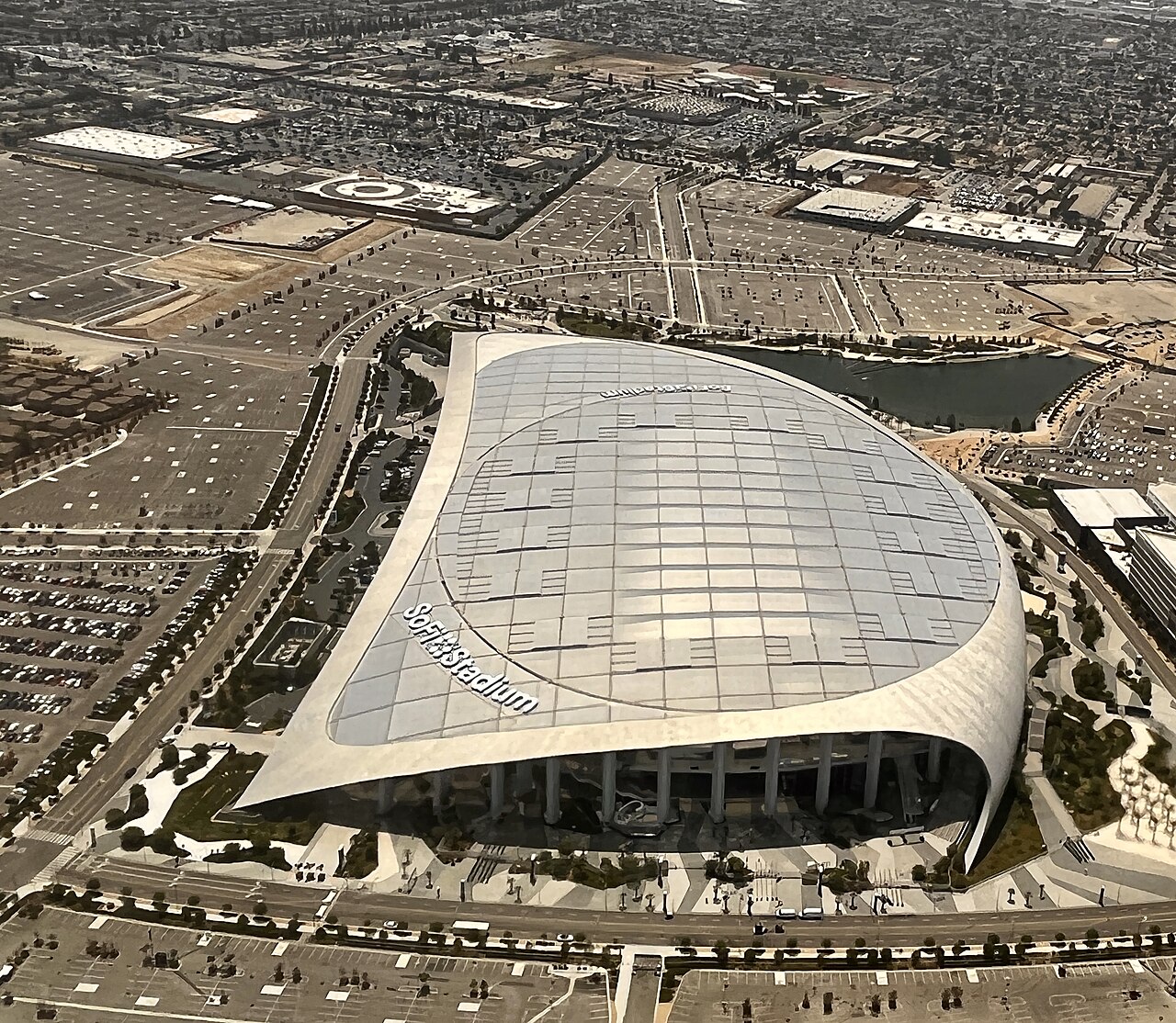 An aerial view of SoFi Stadium and its surrounding grounds in Inglewood.